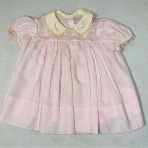 Vintage Baby Pink Lace Embroidered Baby Girl Dress Peter Pan Collar Puff Sleeves